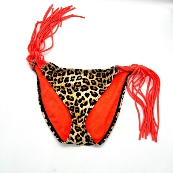 Bongo Bikini Bottom Size Small Leopard Print with Bright Orange Side Tassels - Picture 1 of 8
